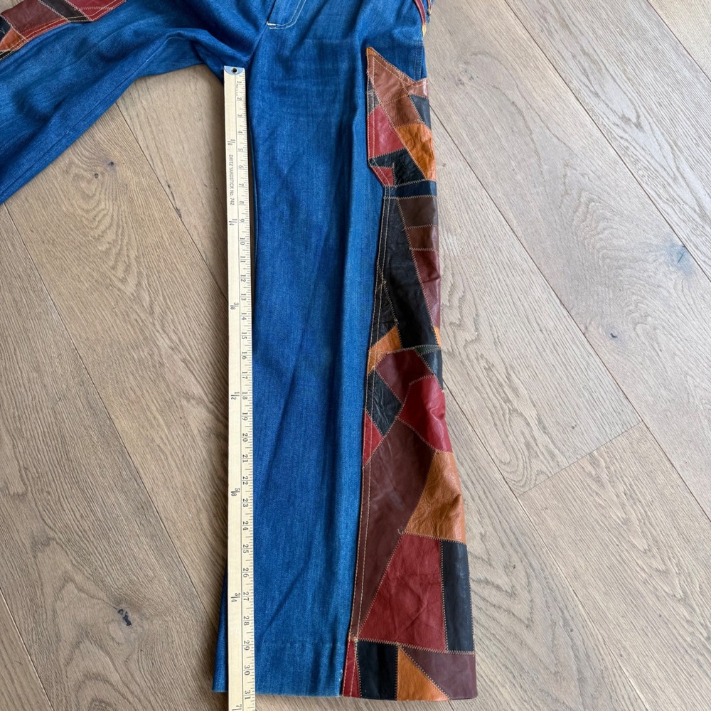 Vintage‎ 70s Aura Denim Leather Patchwork 2 Piece Set Vest Flare Pants M 13/14 - Picture 10 of 12